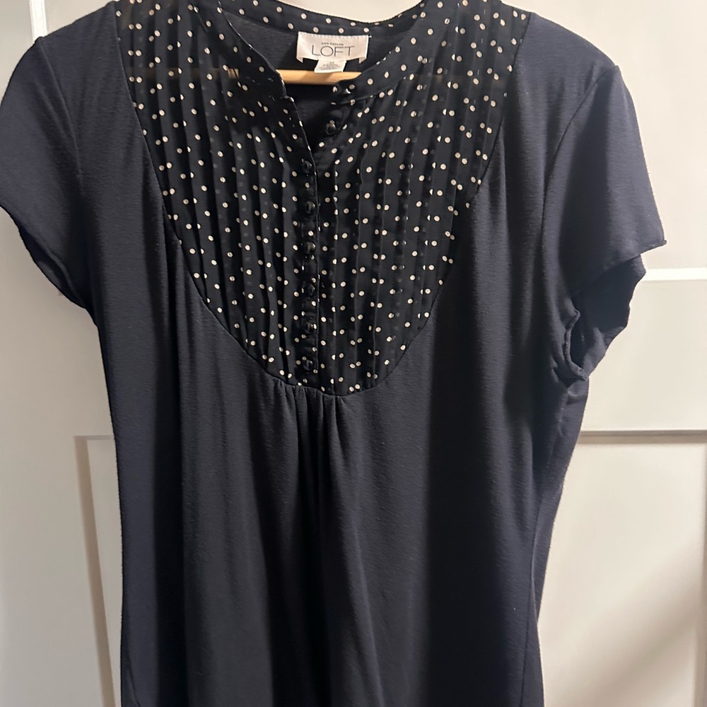 LOFT Blue Pleated Embellished Short Sleeve Blouse